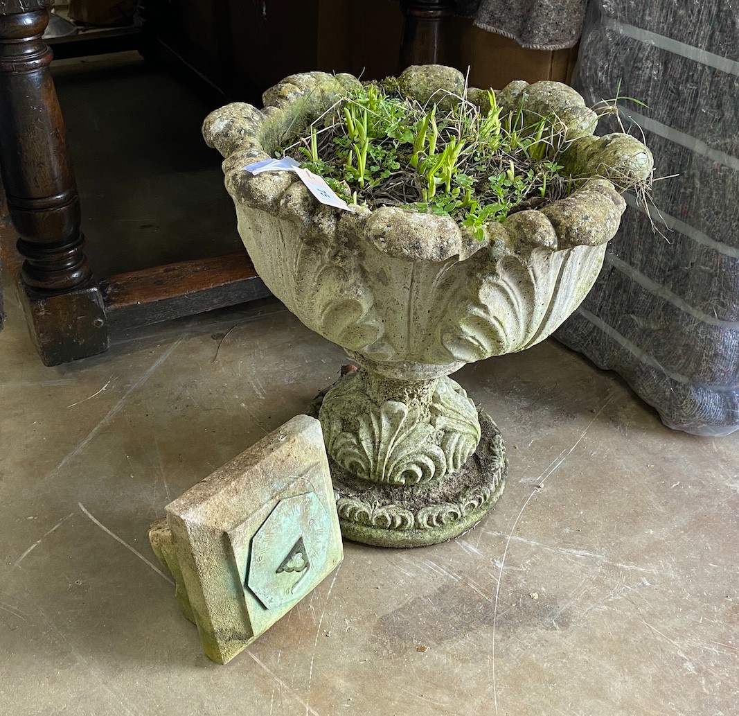 A reconstituted stone acanthus garden planter, diameter 48cm, height 50cm together with a sun dial section